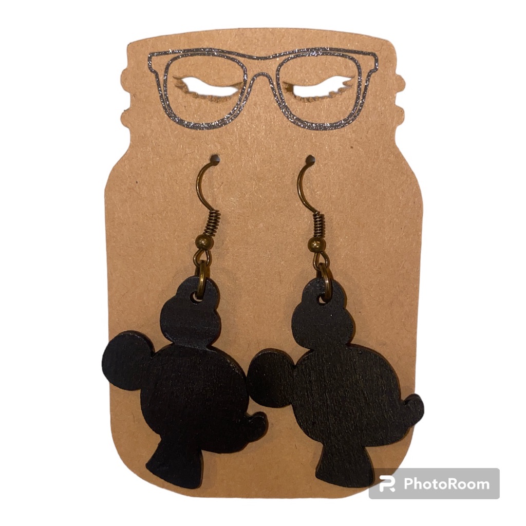 Mickey Mouse Black Silhouette Lightweight Pierced Hanging Wooden Earrings